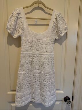 Zara White Crochet Mini Dress with Puff Sleeves